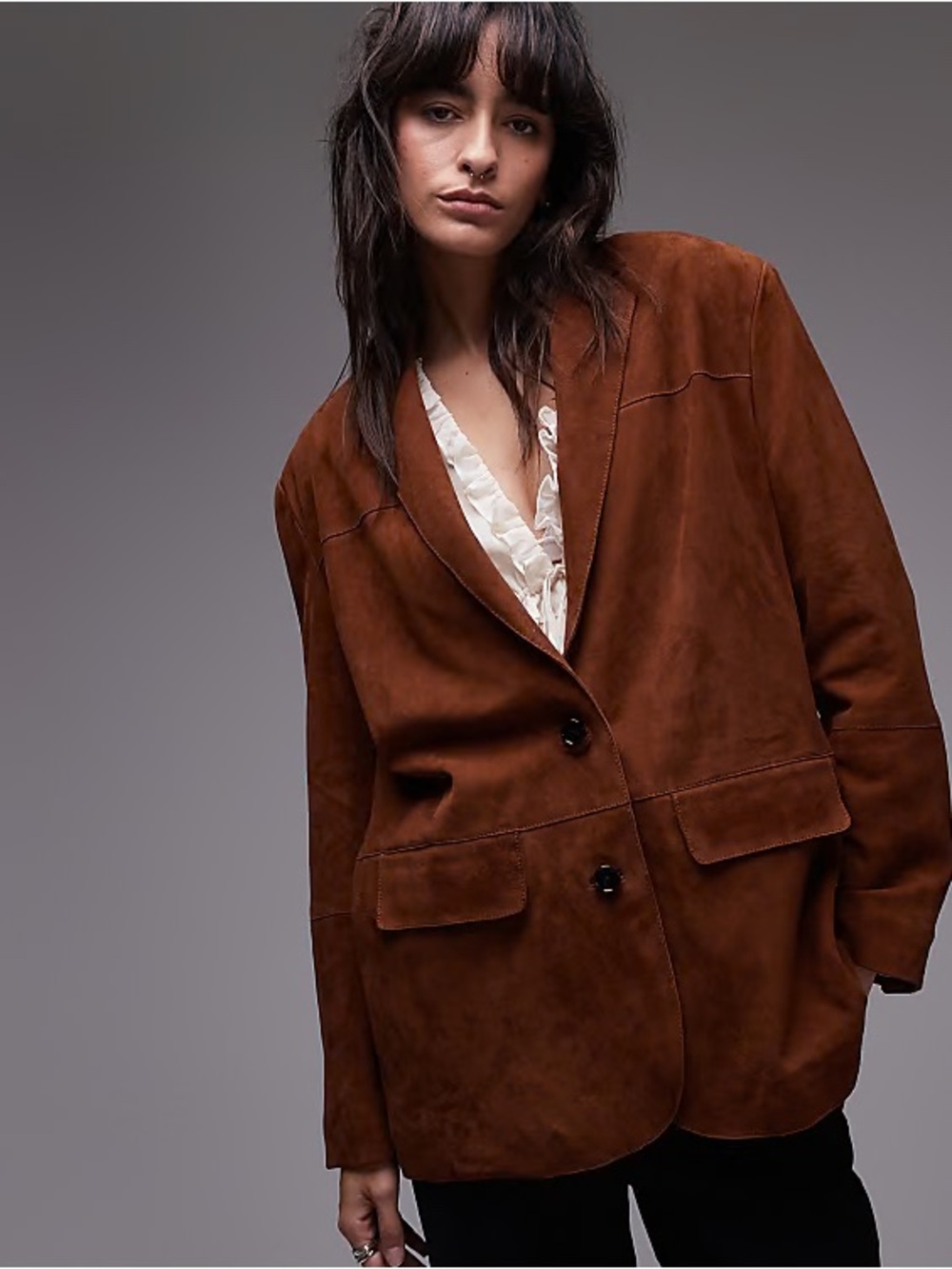 Mango Medium Relaxed Fit Suede Blazer in Vintage Brown - Picture 2 of 16